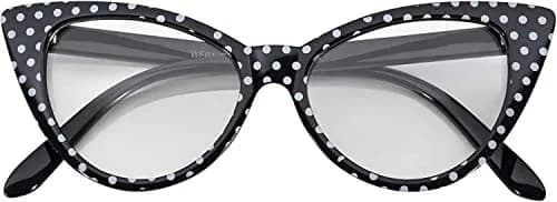 OWL Cat Eye Glasses for Women Vintage - Black White Polka Dots Frame Clear Lens | Small Fit Retro Style thumbnail 1