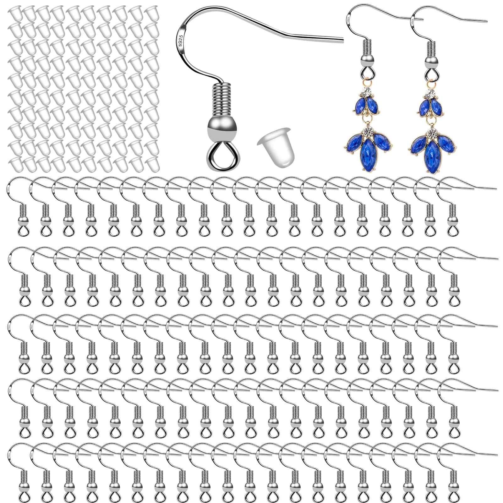 GooDay 925 Sterling Silver Earring Hooks 20mm (0.78 inch) | 100 Pcs Fish Hook Ear Wires with 100 Pcs Rubber Backs - main product image