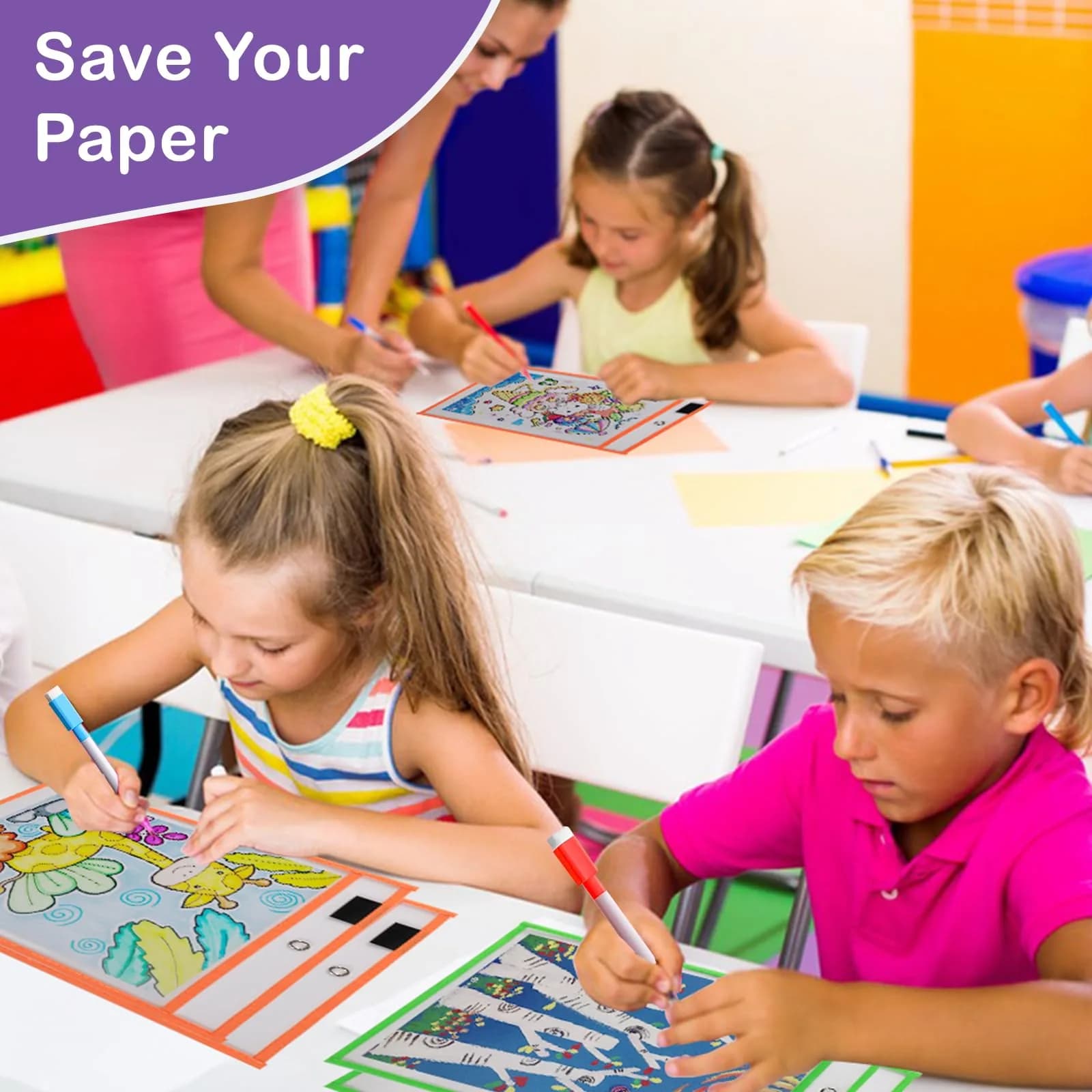 Ufamrine 6 Pcs Dry Erase Pockets Sleeves Colorful, Job Ticket Holders 25cm x 33cm | Reusable Plastic Sleeves for Classroom - view 6