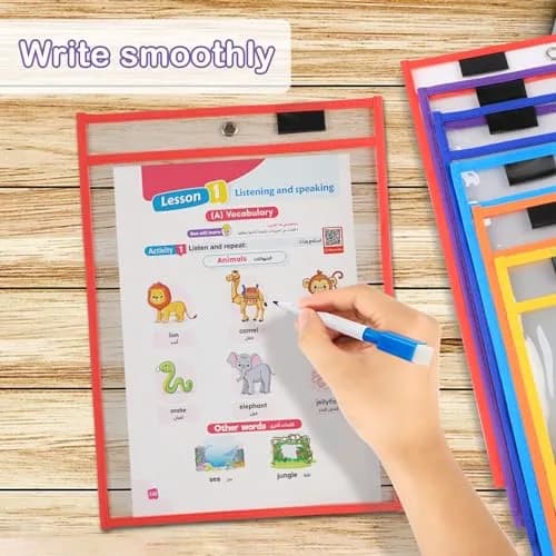 Ufamrine 6 Pcs Dry Erase Pockets Sleeves Colorful, Job Ticket Holders 25cm x 33cm | Reusable Plastic Sleeves for Classroom thumbnail 3