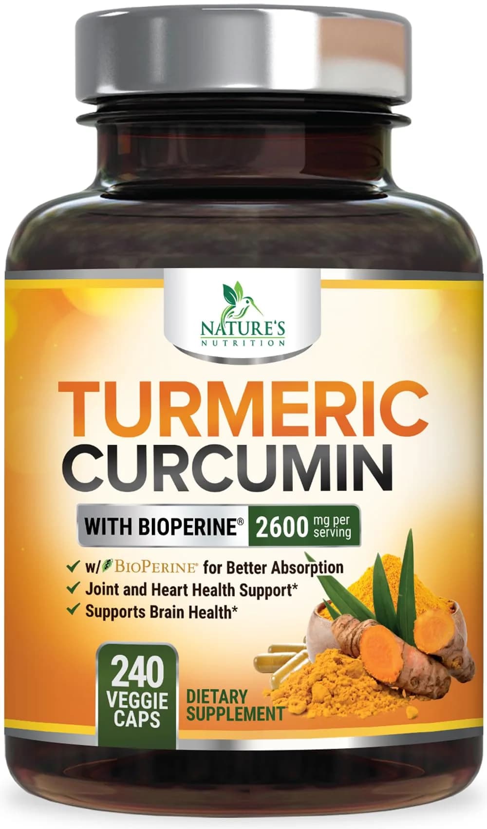 Nature's Nutrition Turmeric Curcumin Supplement 240 Capsules | 2400mg Organic Turmeric & BioPerine for Joint & Immune Support - main product image