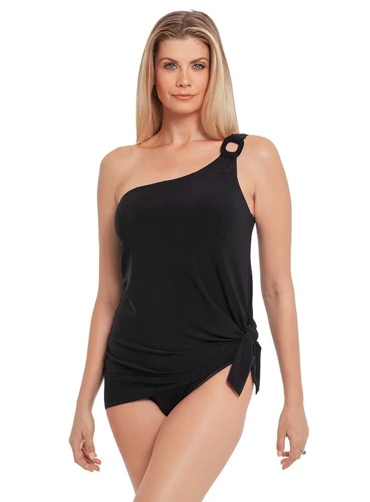 MagicSuit Women's Swimwear Solid Amal One Shoulder Swimdress, Black, Size 8 | Flattering Slimming Fit with Removable Cups