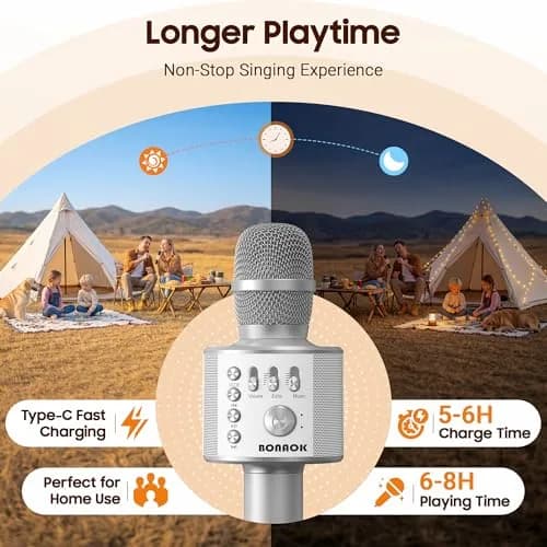 BONAOK Bluetooth Karaoke Microphone Silver | Portable Handheld Mic for Adults & Kids thumbnail 4