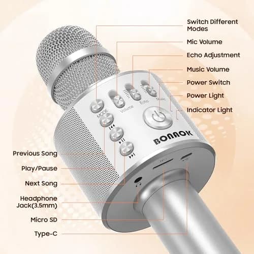 BONAOK Bluetooth Karaoke Microphone Silver | Portable Handheld Mic for Adults & Kids thumbnail 5