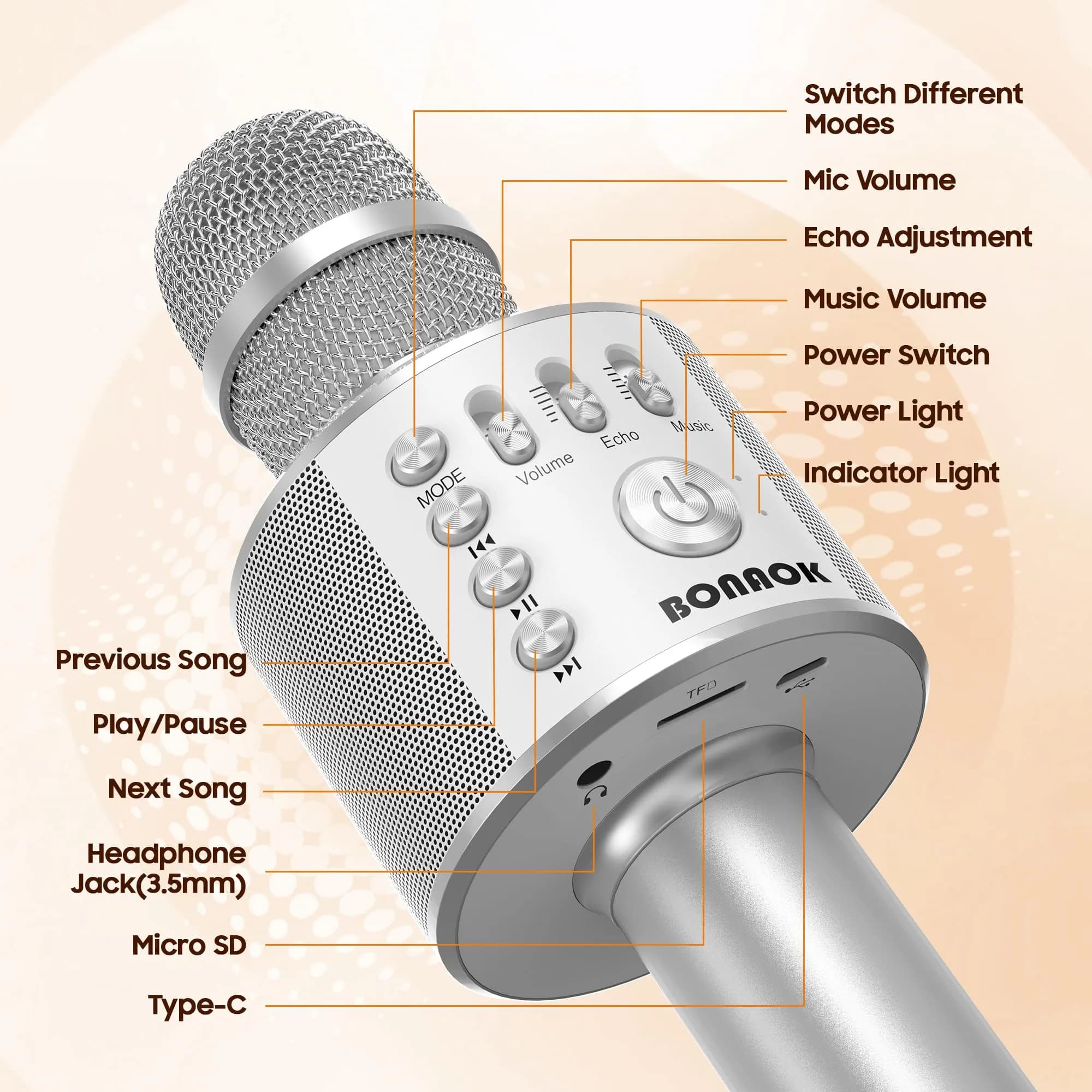 BONAOK Bluetooth Karaoke Microphone Silver | Portable Handheld Mic for Adults & Kids - view 5