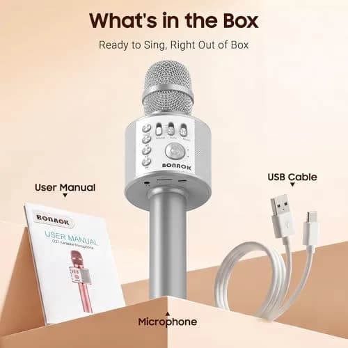 BONAOK Bluetooth Karaoke Microphone Silver | Portable Handheld Mic for Adults & Kids thumbnail 6