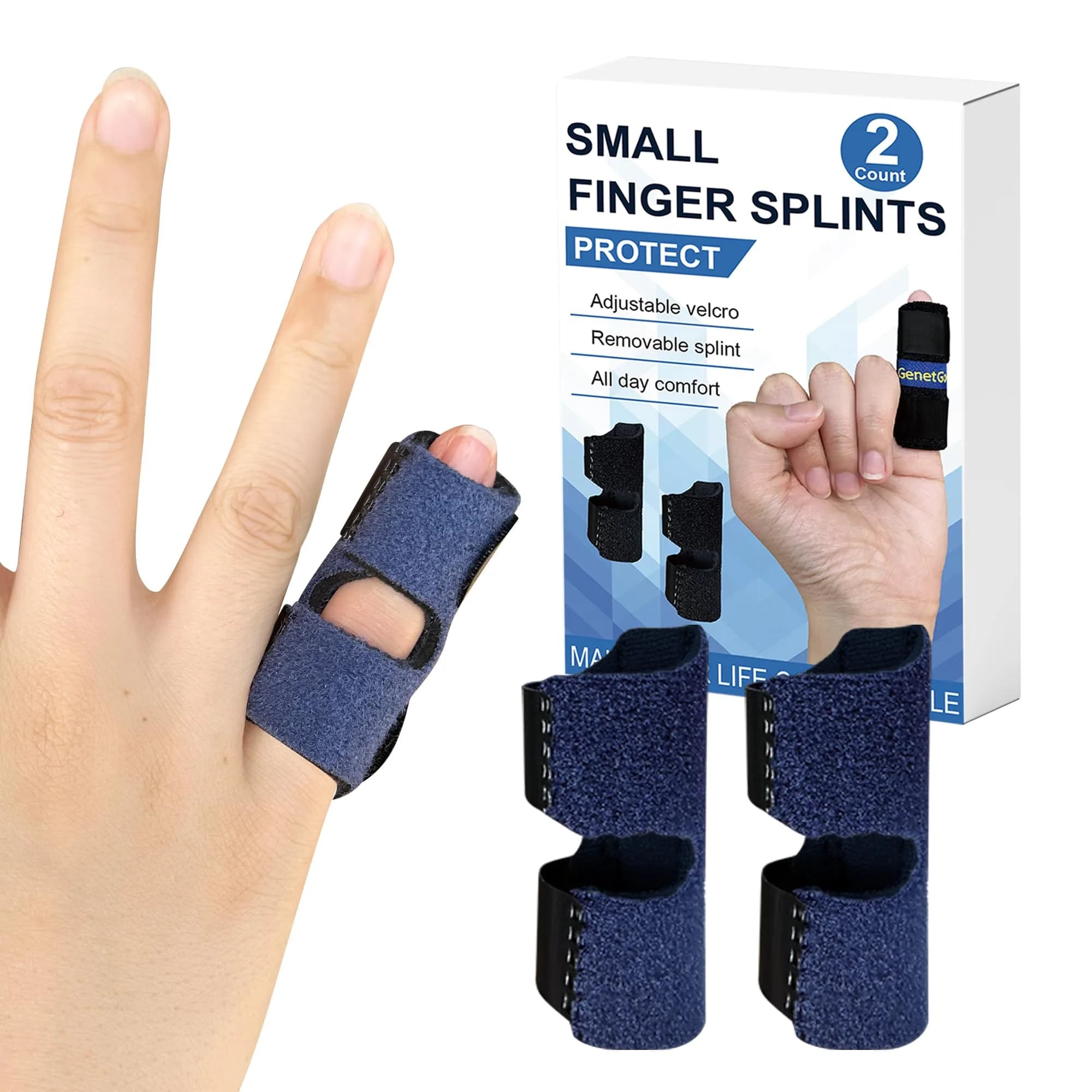GenetGo Small Finger Splint 2 Pack Blue | Stabilizes Broken Pinky Finger for Arthritis Pain - main product image