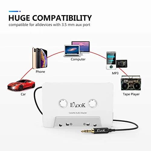 Elook Car Cassette Aux Adapter with 3.5 mm Headphone Jack, White | Vintage Car Audio Accessory thumbnail 5