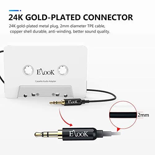 Elook Car Cassette Aux Adapter with 3.5 mm Headphone Jack, White | Vintage Car Audio Accessory thumbnail 3