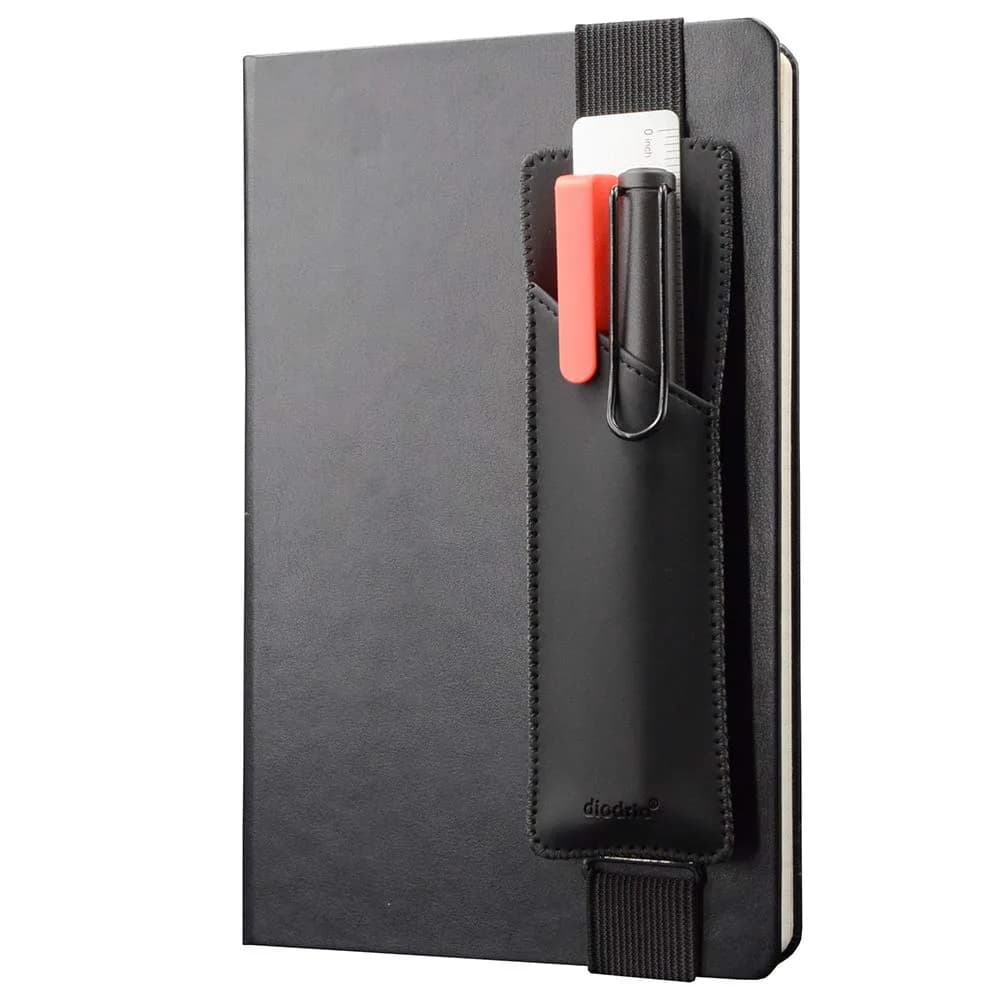 diodrio Adjustable Elastic Band Pen Holder, Black | Fits 8"-11" Notebooks, PU Leather — Black