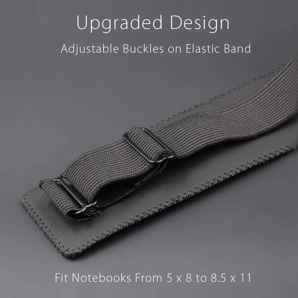 diodrio Adjustable Elastic Band Pen Holder, Black | Fits 8"-11" Notebooks, PU Leather - view 2