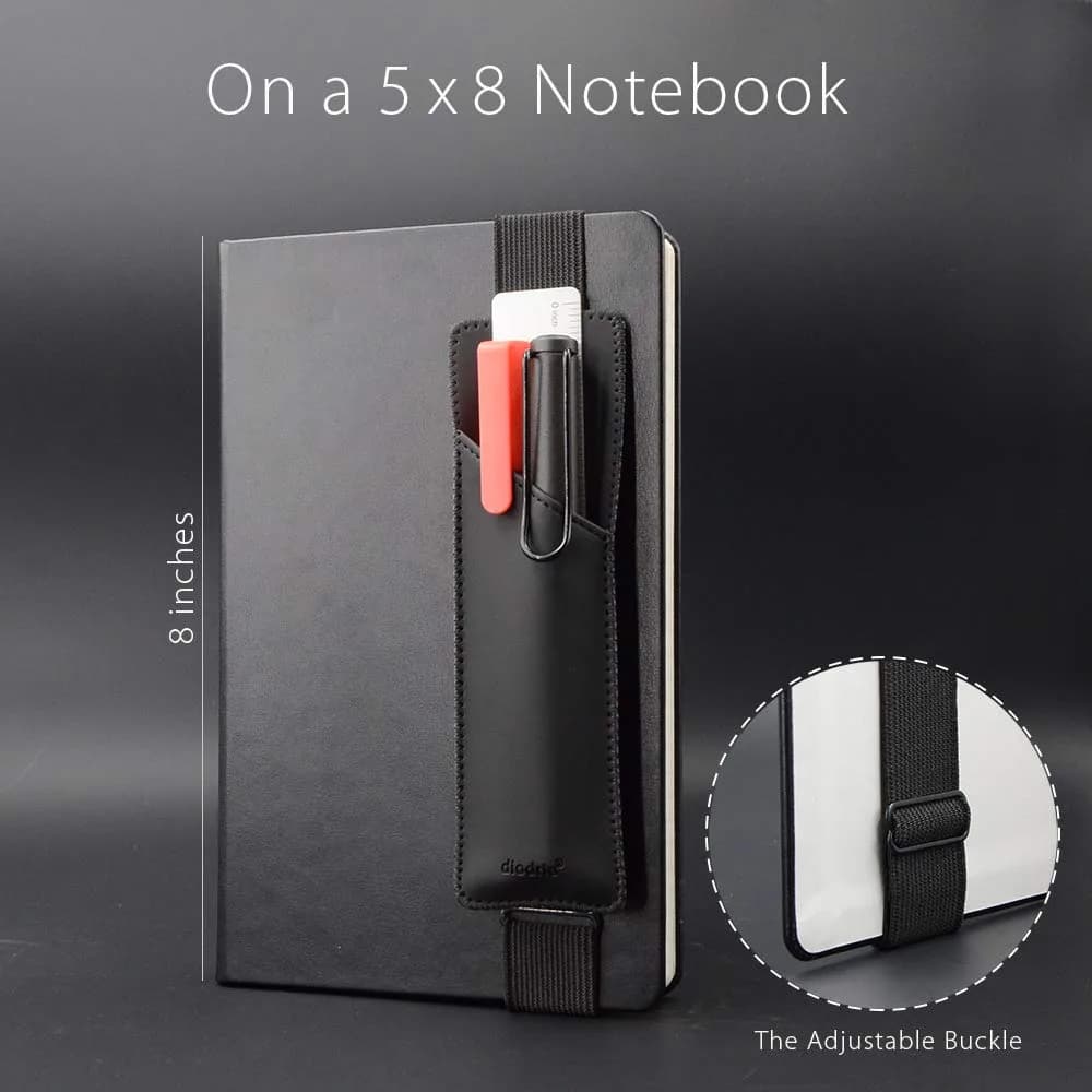 diodrio Adjustable Elastic Band Pen Holder, Black | Fits 8"-11" Notebooks, PU Leather - view 3