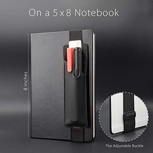 diodrio Adjustable Elastic Band Pen Holder, Black | Fits 8"-11" Notebooks, PU Leather thumbnail 3