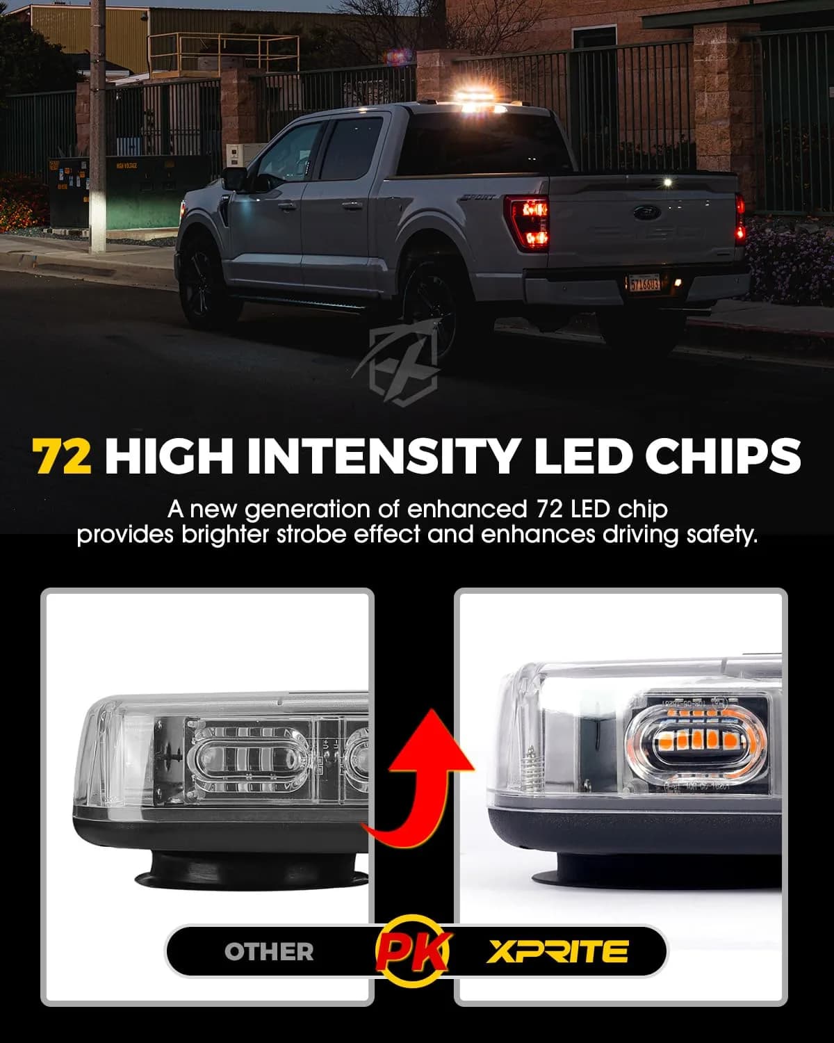 Xprite 12" 72LED Rooftop Strobe Light Bar with Magnetic Base | 12V-24V Amber Emergency Beacon for Construction Vehicles, Trucks, Snow Plows - view 2