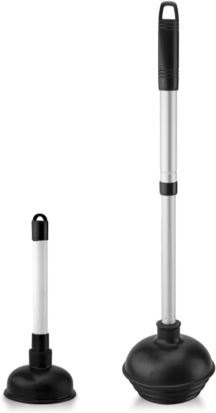 NEIKO Toilet Plunger Set | 2 Piece | Compact All-Angle Design | Telescopic Aluminum Handle — Set: 2 Piece