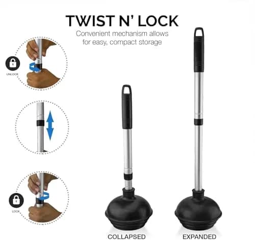 NEIKO Toilet Plunger Set | 2 Piece | Compact All-Angle Design | Telescopic Aluminum Handle thumbnail 2