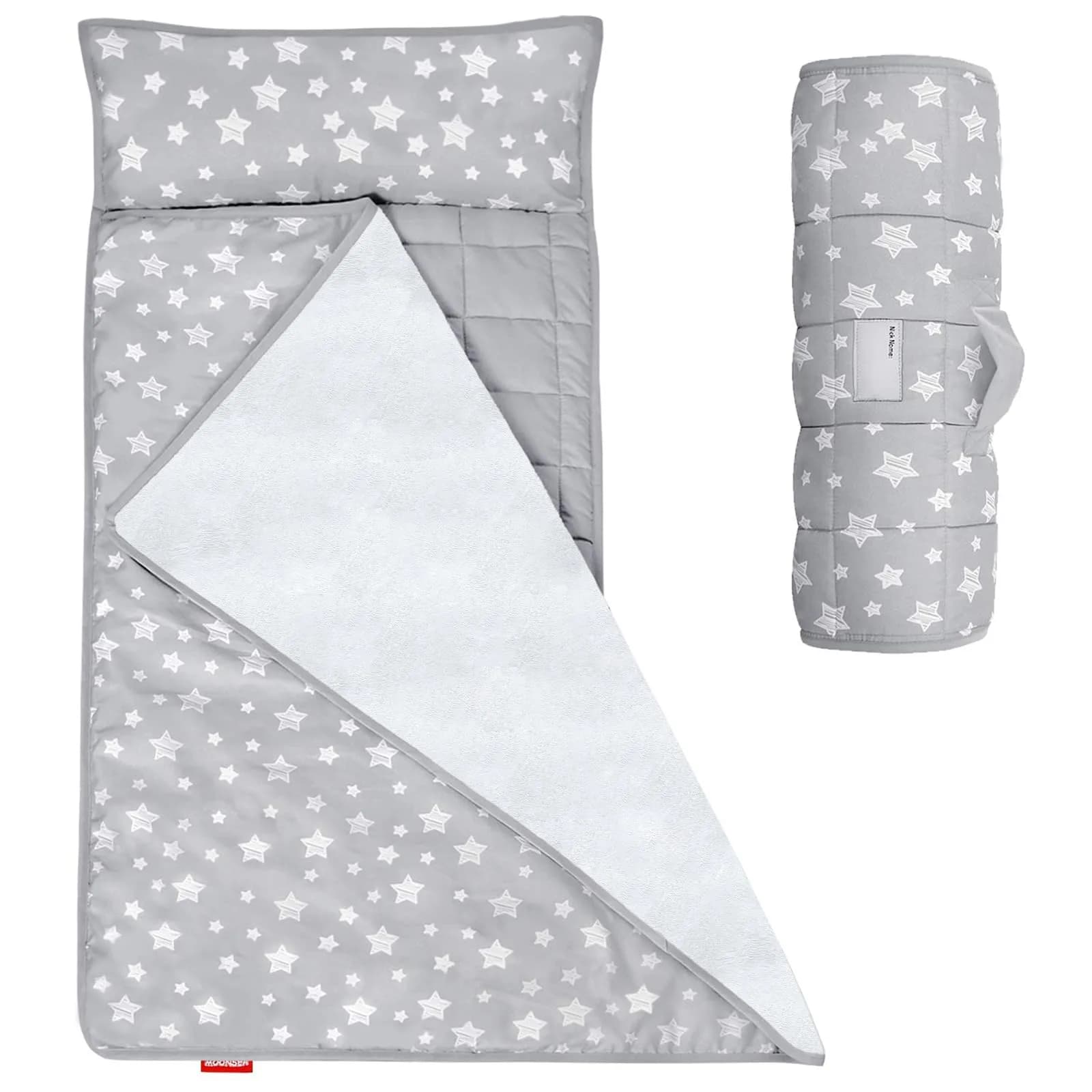 Moonsea Toddler Nap Mat with Pillow and Fleece Minky Blanket Grey | Soft, Portable & Machine Washable