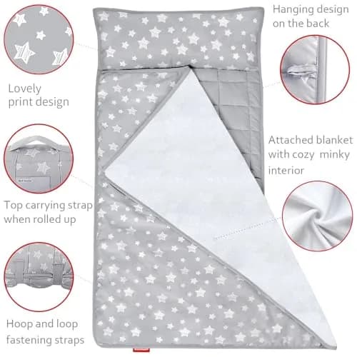 Moonsea Toddler Nap Mat with Pillow and Fleece Minky Blanket Grey | Soft, Portable & Machine Washable thumbnail 3