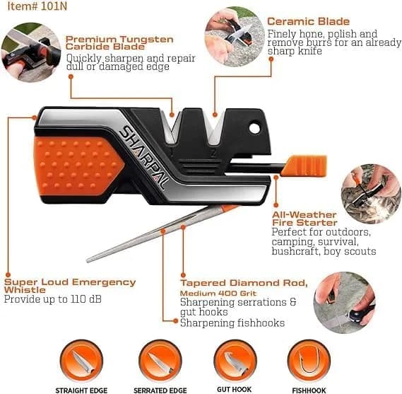 SHARPAL Pocket Knife Sharpener & Garden Tool Sharpener Combo Gift Pack | 6-In-1 Survival Tool with Fire Starter & Whistle thumbnail 3