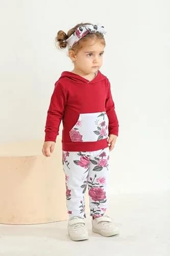 Eghunooy Baby Girl Clothes Long Sleeve Floral Hoodie Sweatshirt Pants with Pocket Headband Outfit Sets (3-6 Months) Wine Red | Breathable Cotton, Comfortable Fit thumbnail 3