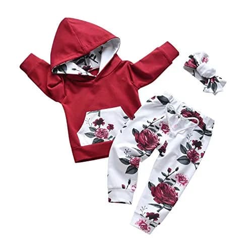 Eghunooy Baby Girl Clothes Long Sleeve Floral Hoodie Sweatshirt Pants with Pocket Headband Outfit Sets (3-4T) Wine Red | Breathable Cotton, Perfect for Indian Winters thumbnail 1