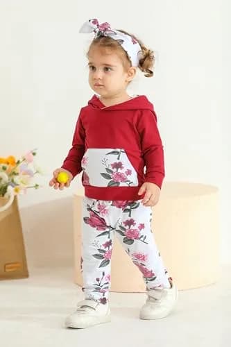 Eghunooy Baby Girl Clothes Long Sleeve Floral Hoodie Sweatshirt Pants with Pocket Headband Outfit Sets (3-4T) Wine Red | Breathable Cotton, Perfect for Indian Winters thumbnail 4