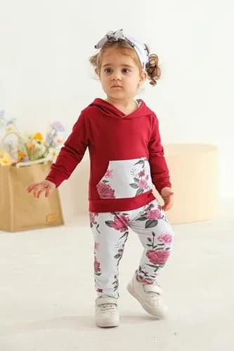 Eghunooy Baby Girl Clothes Long Sleeve Floral Hoodie Sweatshirt Pants with Pocket Headband Outfit Sets (3-4T) Wine Red | Breathable Cotton, Perfect for Indian Winters thumbnail 2