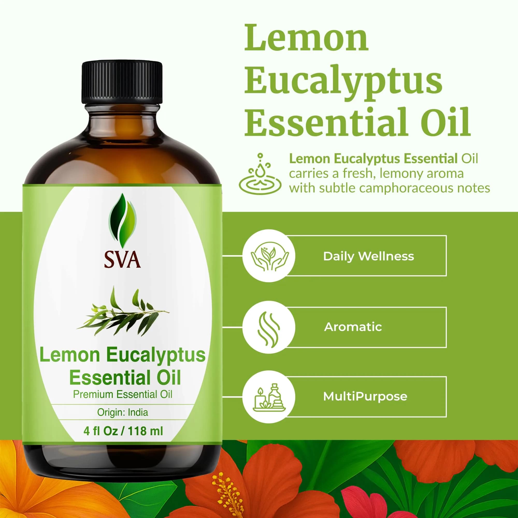 SVA ORGANICS Lemon Eucalyptus Essential Oil - 4 Fl Oz (118 mL) - Pure & Natural Aromatherapy Oil - view 2