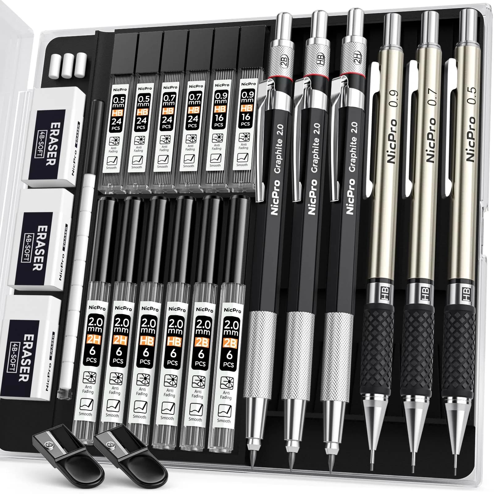 Nicpro 6PCS Art Mechanical Pencil Set with 0.5/0.7/0.9/2.0mm Leads & Erasers | Value Pack for Students & Professionals - main product image