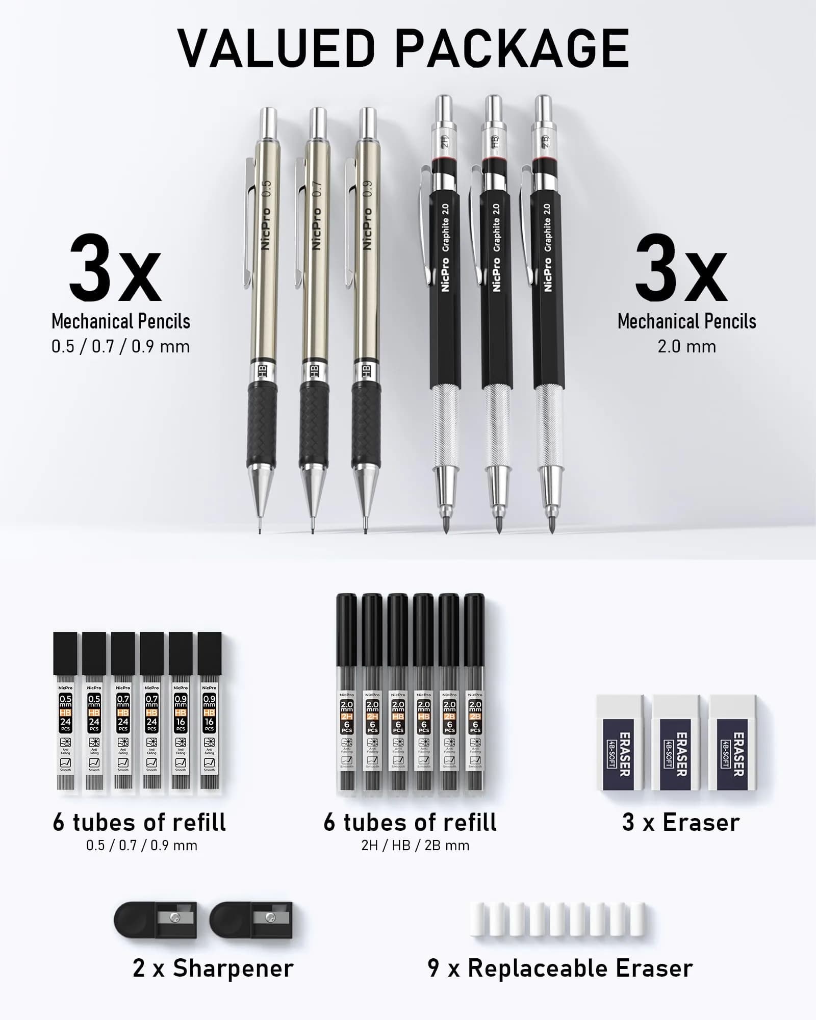 Nicpro 6PCS Art Mechanical Pencil Set with 0.5/0.7/0.9/2.0mm Leads & Erasers | Value Pack for Students & Professionals - view 5