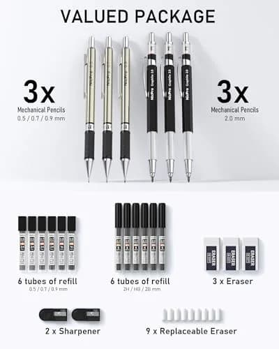 Nicpro 6PCS Art Mechanical Pencil Set with 0.5/0.7/0.9/2.0mm Leads & Erasers | Value Pack for Students & Professionals thumbnail 5