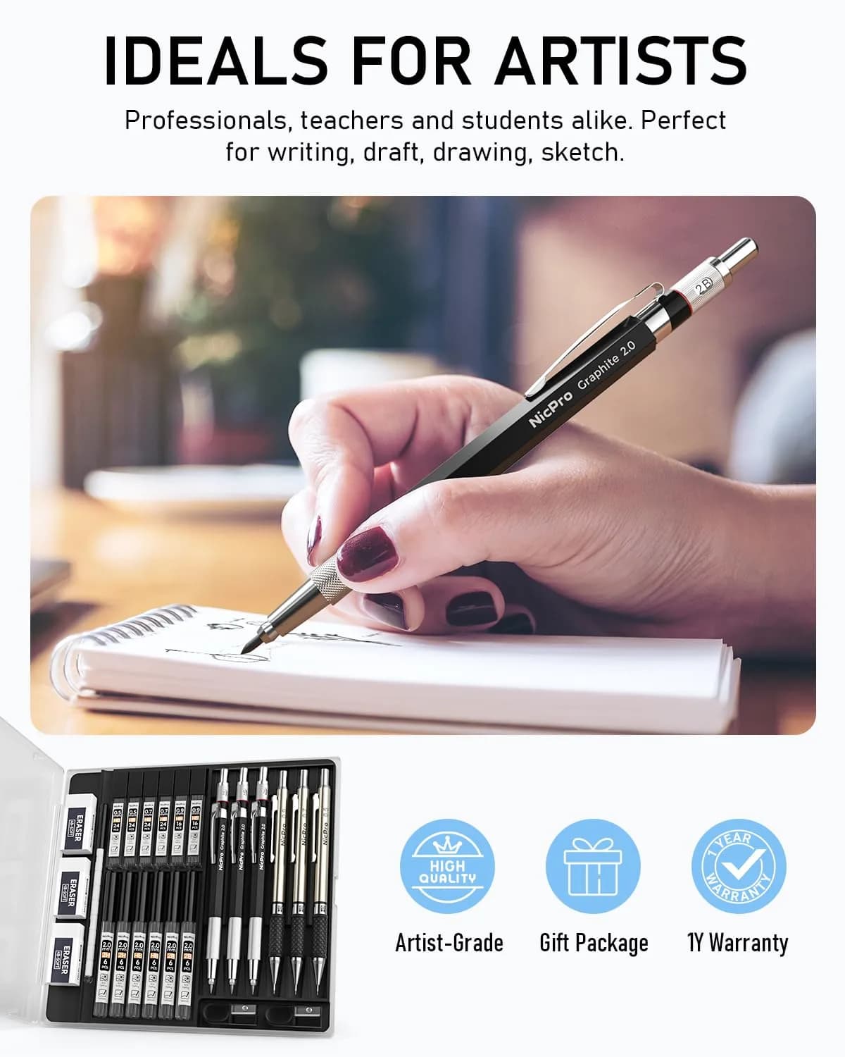 Nicpro 6PCS Art Mechanical Pencil Set with 0.5/0.7/0.9/2.0mm Leads & Erasers | Value Pack for Students & Professionals - view 6