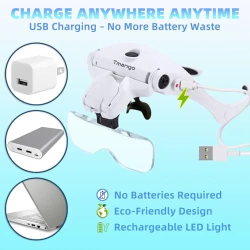 Tmango Rechargeable Head Magnifier 1.0X-3.5X | Hands-Free Jewelry & Craft Lighted Headband thumbnail 5