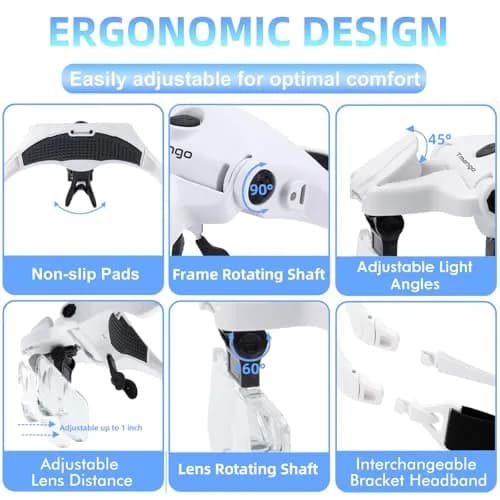 Tmango Rechargeable Head Magnifier 1.0X-3.5X | Hands-Free Jewelry & Craft Lighted Headband thumbnail 6
