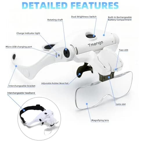 Tmango Rechargeable Head Magnifier 1.0X-3.5X | Hands-Free Jewelry & Craft Lighted Headband thumbnail 8