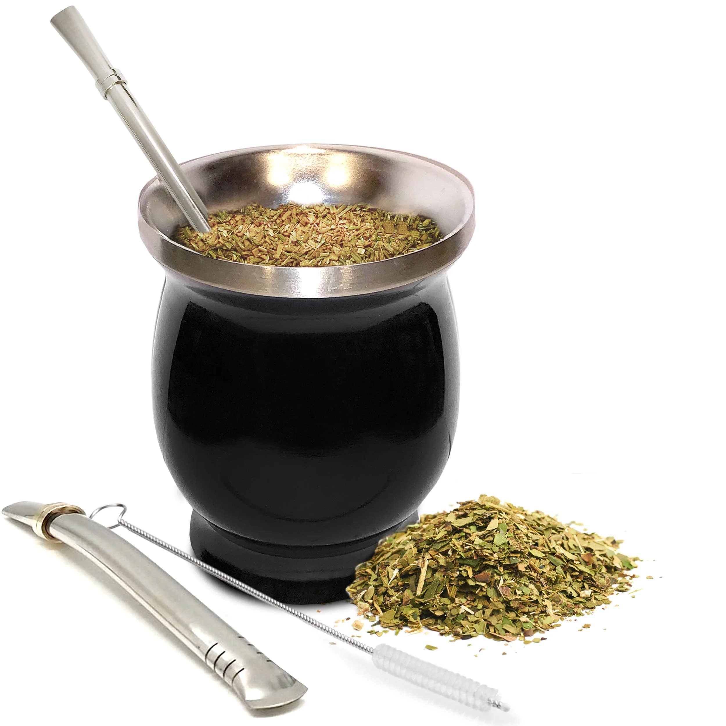 Norte Group Stainless Steel Double-Walled Yerba Mate Gourd Tea Cup Set with Bombilla & Brush | 8oz (237ml) Black — Black