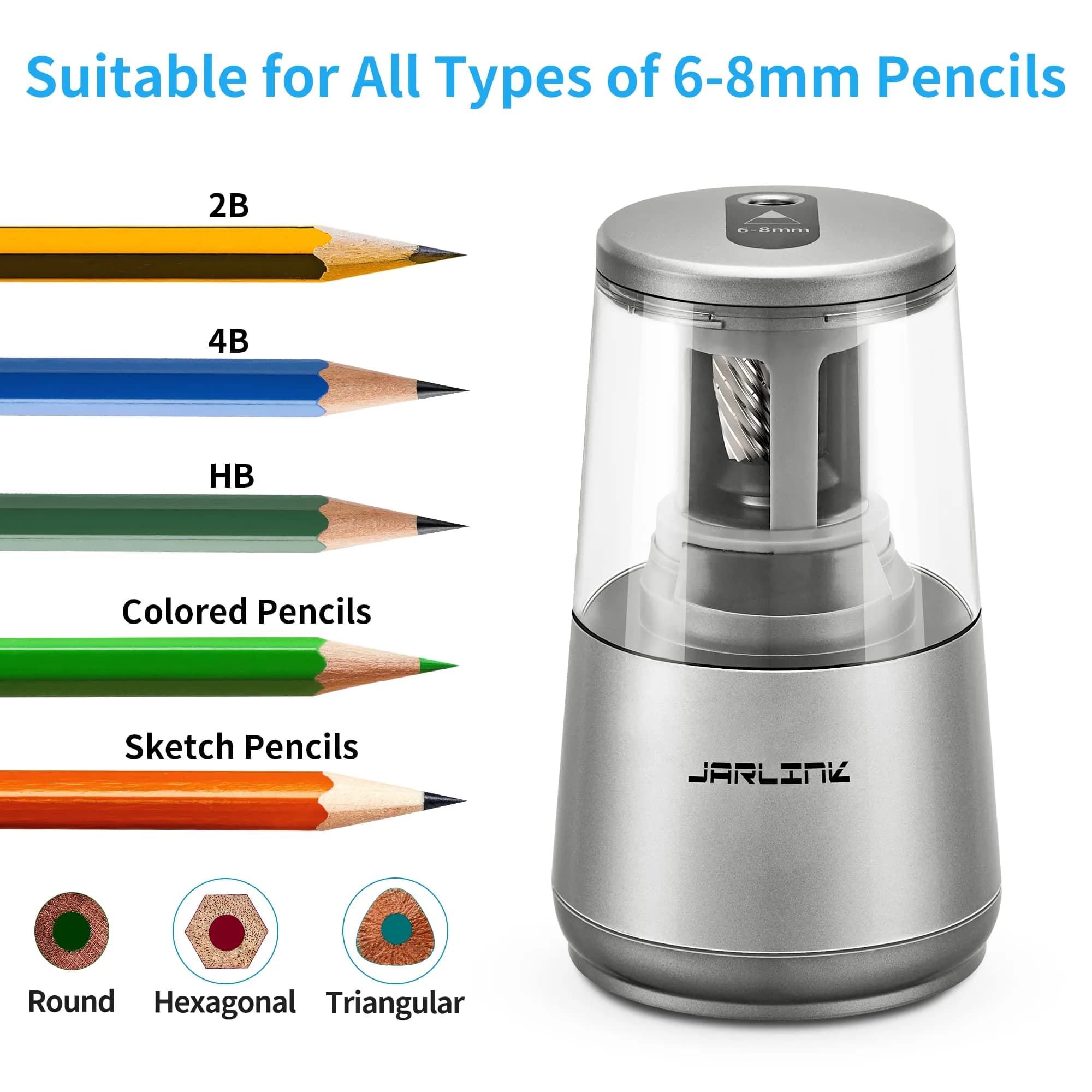 JARLINK Electric Pencil Sharpener Heavy Duty Helical Blade Auto Stop 13.2cm (5.2in) | Fast Sharpening for Students & Artists - view 4