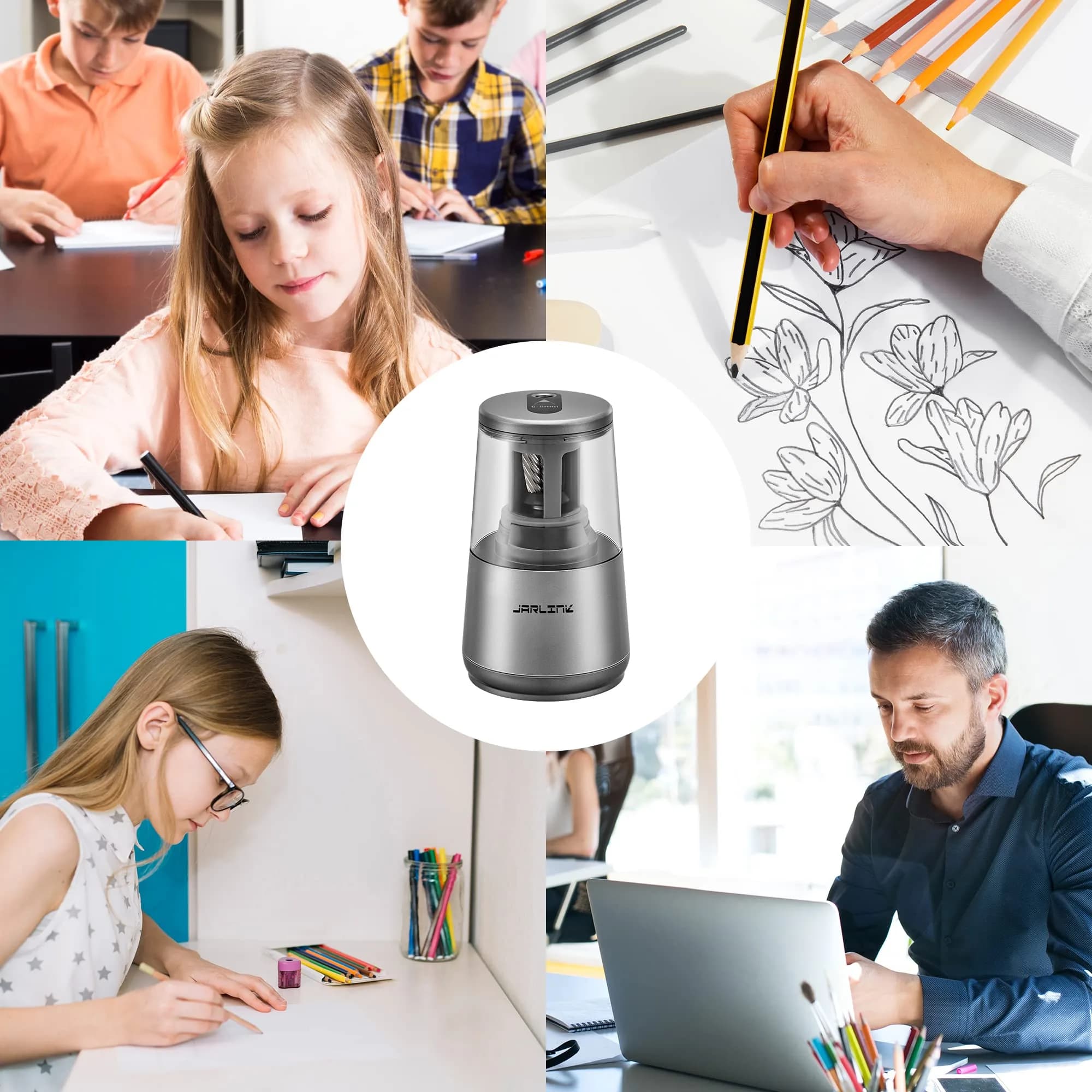 JARLINK Electric Pencil Sharpener Heavy Duty Helical Blade Auto Stop 13.2cm (5.2in) | Fast Sharpening for Students & Artists - view 8