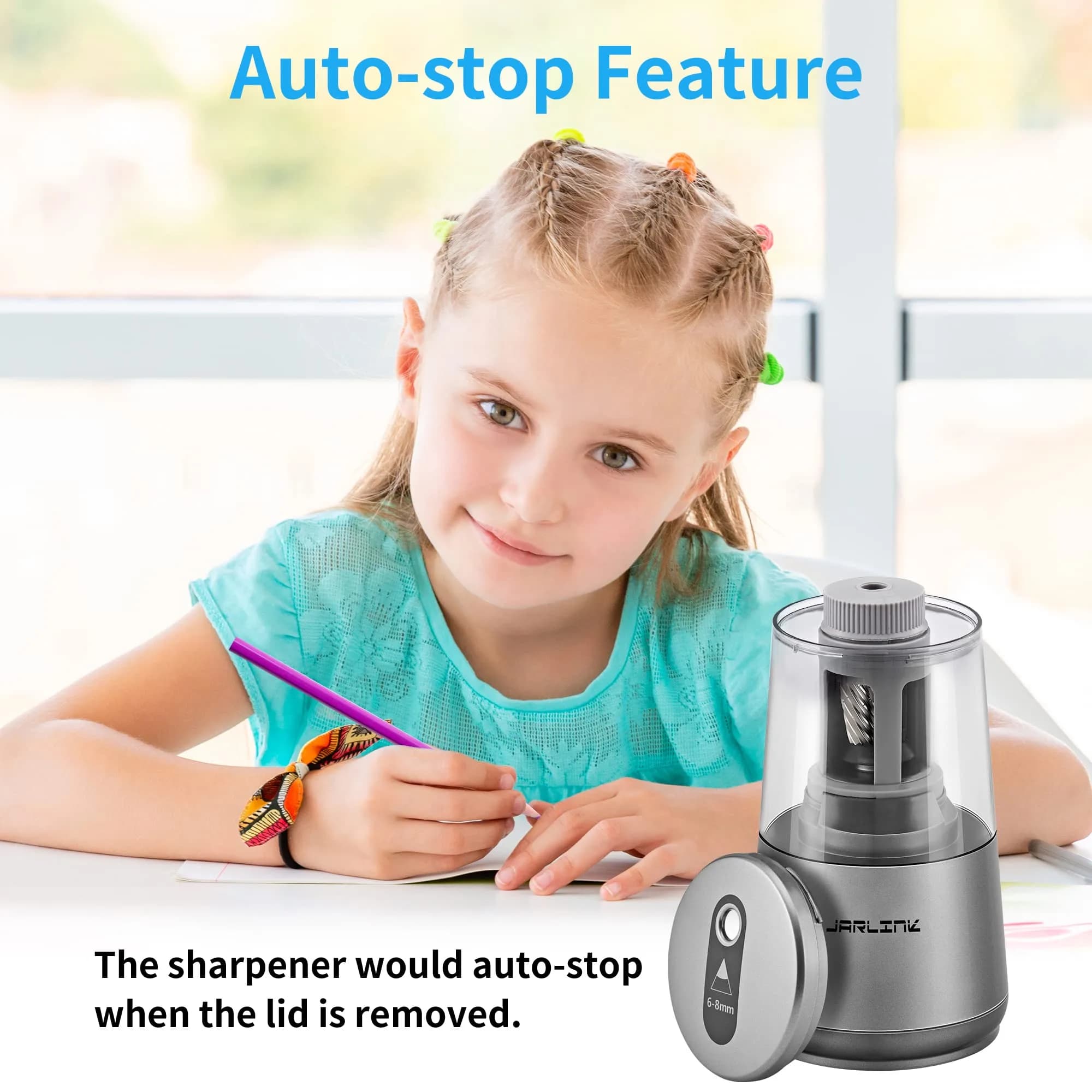 JARLINK Electric Pencil Sharpener Heavy Duty Helical Blade Auto Stop 13.2cm (5.2in) | Fast Sharpening for Students & Artists - view 9
