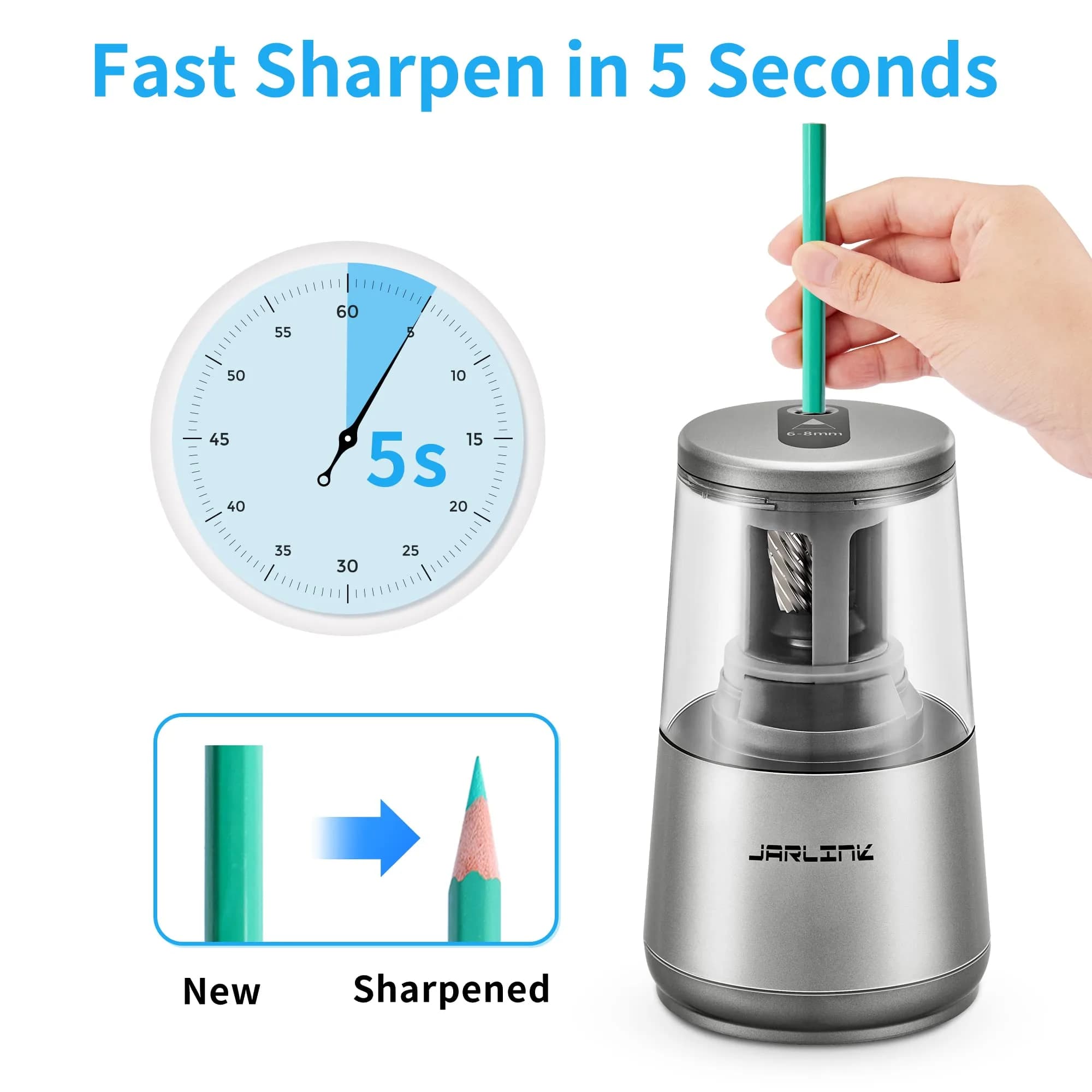JARLINK Electric Pencil Sharpener Heavy Duty Helical Blade Auto Stop 13.2cm (5.2in) | Fast Sharpening for Students & Artists - view 2