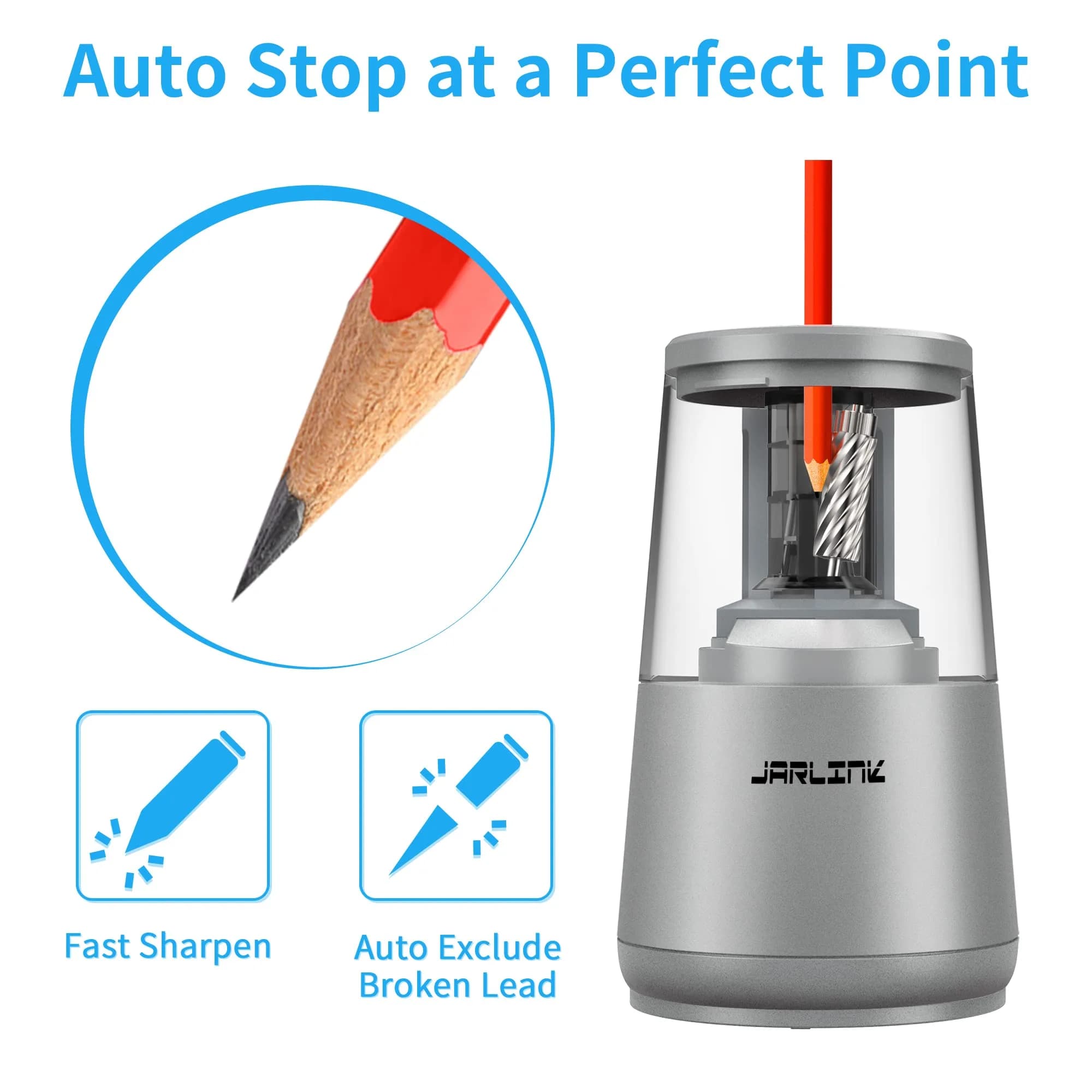 JARLINK Electric Pencil Sharpener Heavy Duty Helical Blade Auto Stop 13.2cm (5.2in) | Fast Sharpening for Students & Artists - view 3