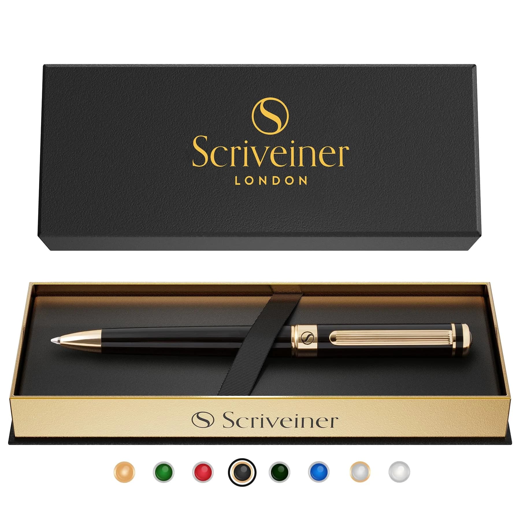 Scriveiner Black Lacquer Ballpoint Pen -Luxury Executive Brass Writing Instrument, Gold Plated, Schmidt Refill, Gift Set (1 Count, 140mm)