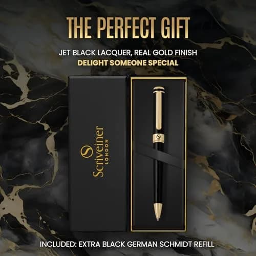 Scriveiner Black Lacquer Ballpoint Pen -Luxury Executive Brass Writing Instrument, Gold Plated, Schmidt Refill, Gift Set (1 Count, 140mm) thumbnail 3
