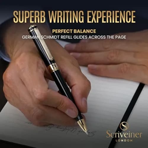 Scriveiner Black Lacquer Ballpoint Pen -Luxury Executive Brass Writing Instrument, Gold Plated, Schmidt Refill, Gift Set (1 Count, 140mm) thumbnail 4