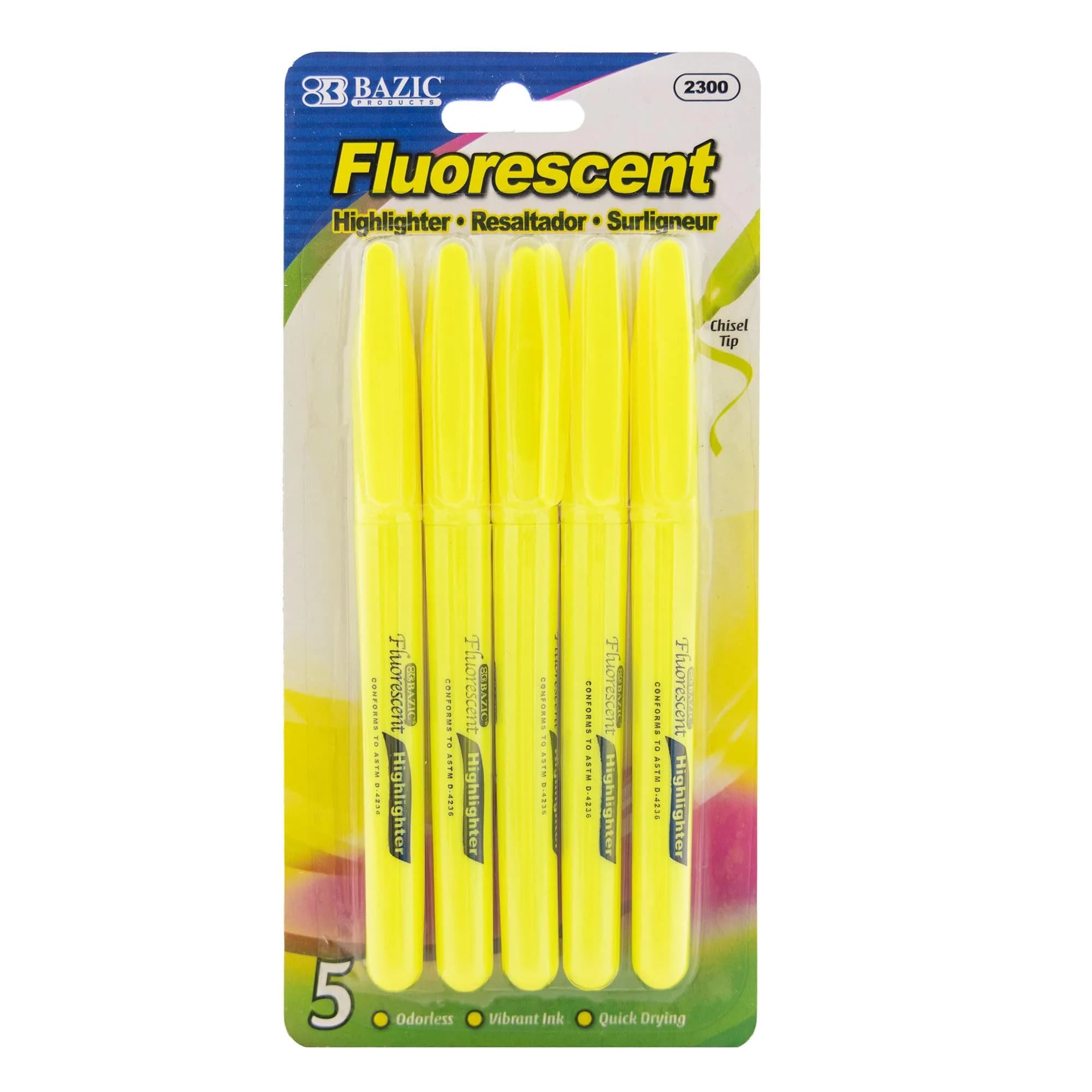 BAZIC PRODUCTS Yellow Pen Style Highlighters 5 Ct | Chisel Tip, Fluorescent Yellow, Pen-Style, Bulk Pack