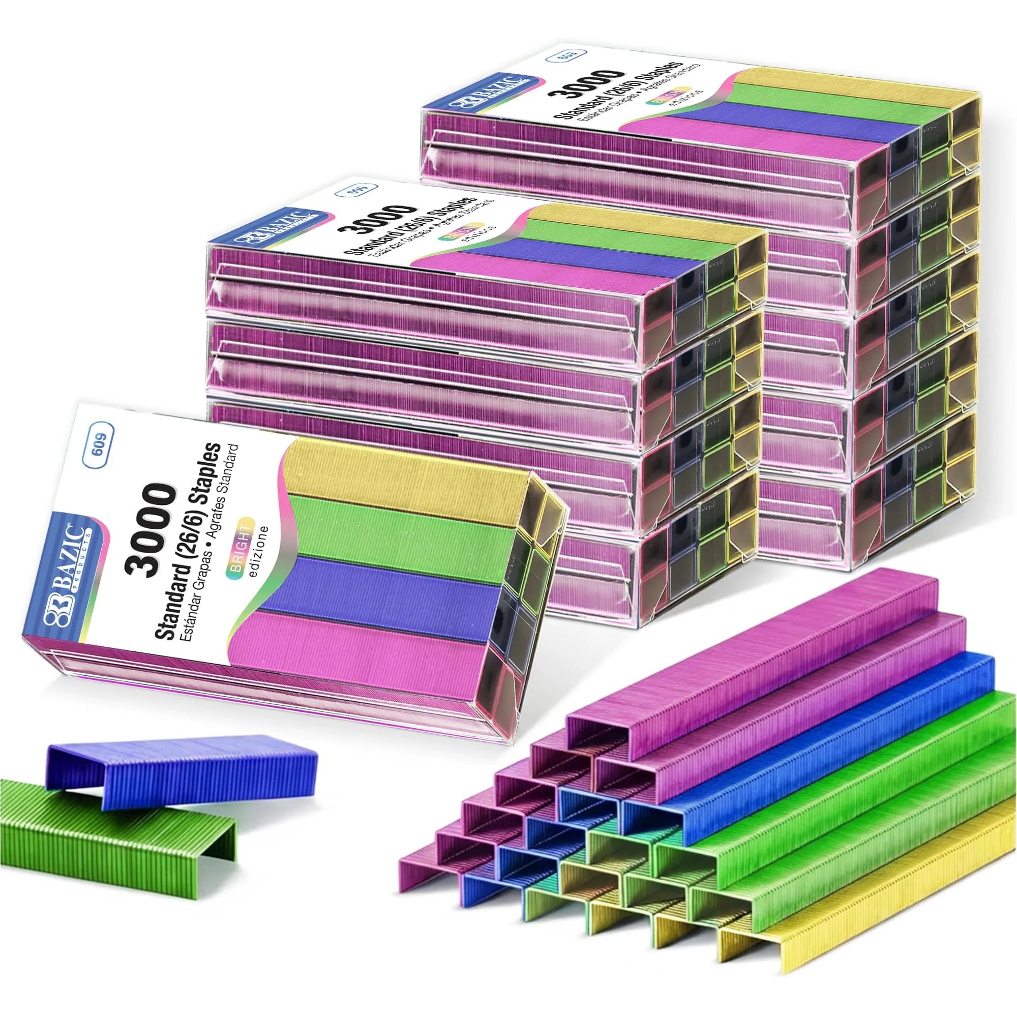 BAZIC PRODUCTS Standard Staples 26/6 Bright Colors 3000 Ct (24-Pack) | Authentic Hardware Staple for Daily Use - main product image