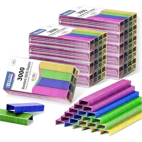 BAZIC PRODUCTS Standard Staples 26/6 Metallic Colors 3000 Ct (72-Pack) | Authentic Hardware Staple for Daily Use — Bright Colors