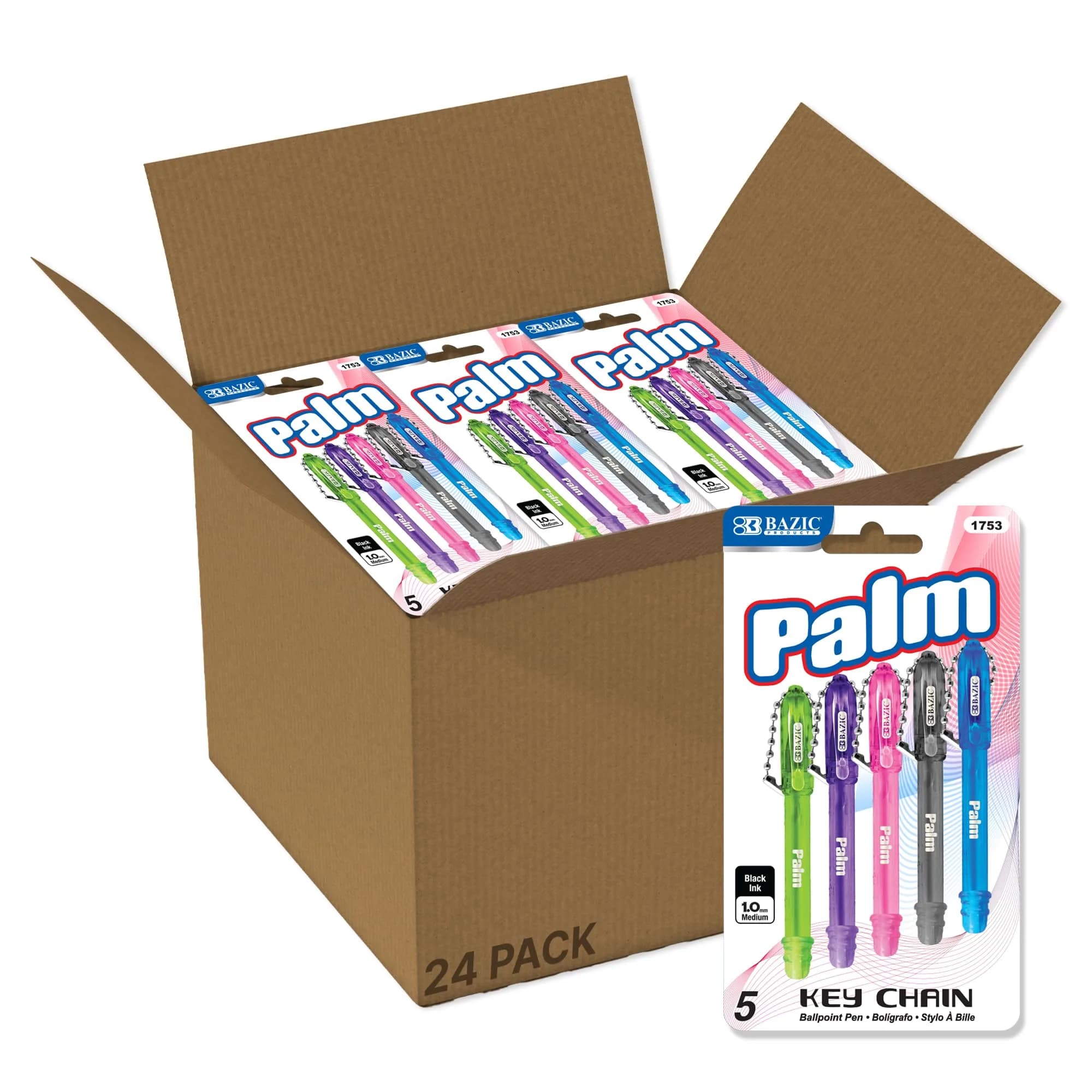 BAZIC PRODUCTS Palm Mini Ballpoint Pens, Key Chain, Black Ink, Medium, 24-Box | Compact, Refillable, Smooth Ink