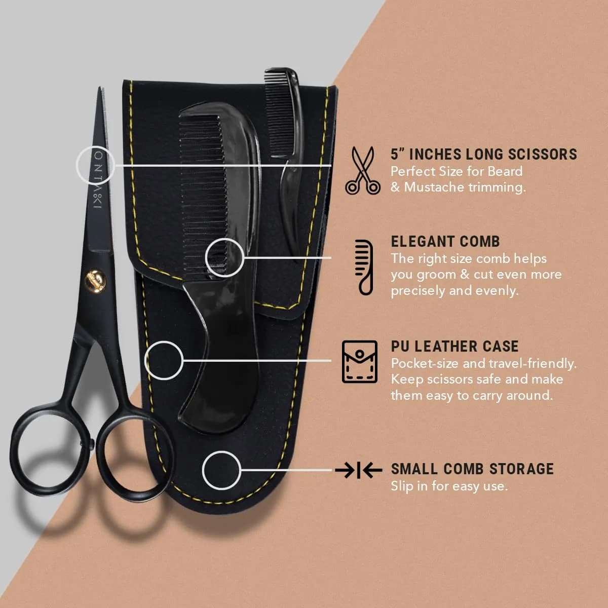 Ontaki 5" Black German Steel Beard & Mustache Scissors (3-Pack) | Precision Styling for Men - view 2