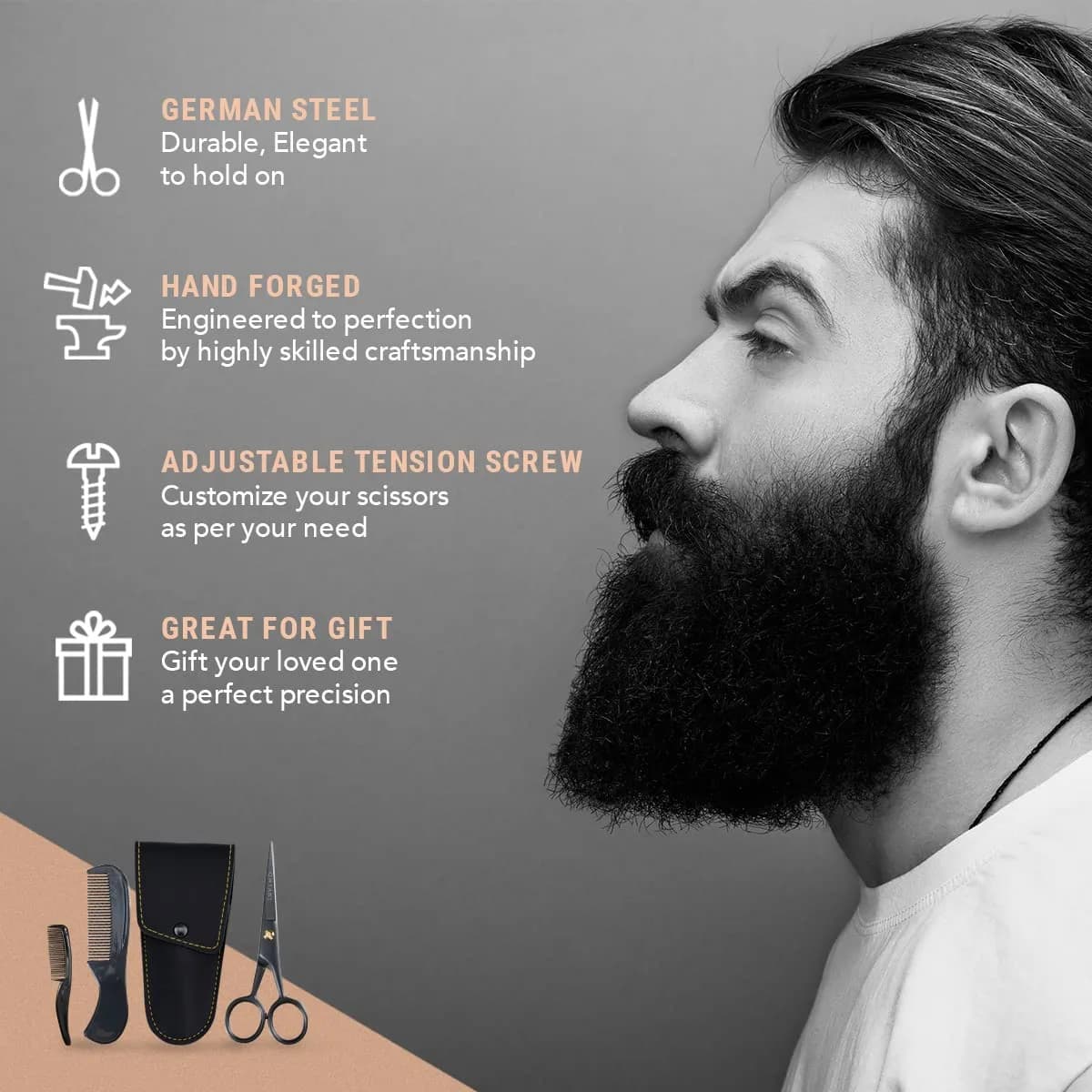 Ontaki 5" Black German Steel Beard & Mustache Scissors (3-Pack) | Precision Styling for Men - view 3